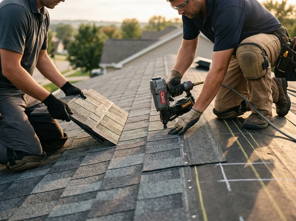 Professional roofer working on a residential roof in Robinson